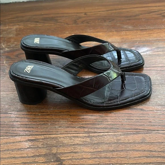Zara Chocolate Croc Heeled Sandals - Picture 2 of 3